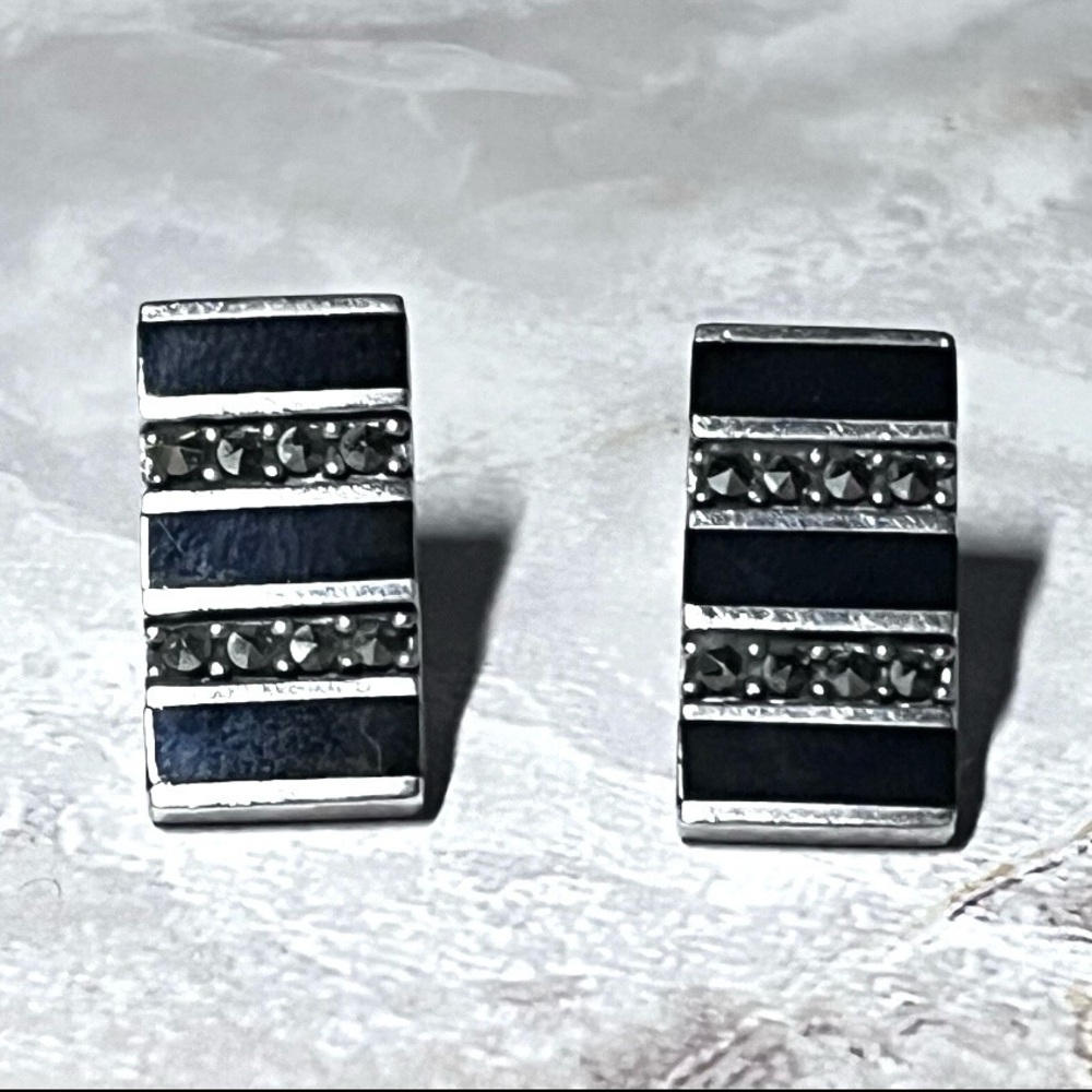 925 Sterling Silver Post Pierced Earrings 1 3/8" Rectangles Blk Onyx Marcasite